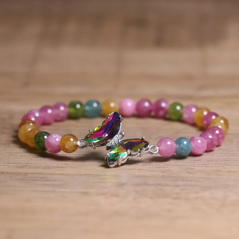 Natural  Rainbow tourmaline Agate Beaded Bracelet Adjustable Butterfly Charm Bracelet Women Boho Chic Stackable Jewelry Gift
