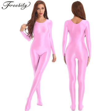 Womens Sexy Glossy Bodystocking Bodysuit Long Sleeve Jumpsuit Lingerie Nightwear Swimwear Gymnastics Yoga Sports Dance Leotard