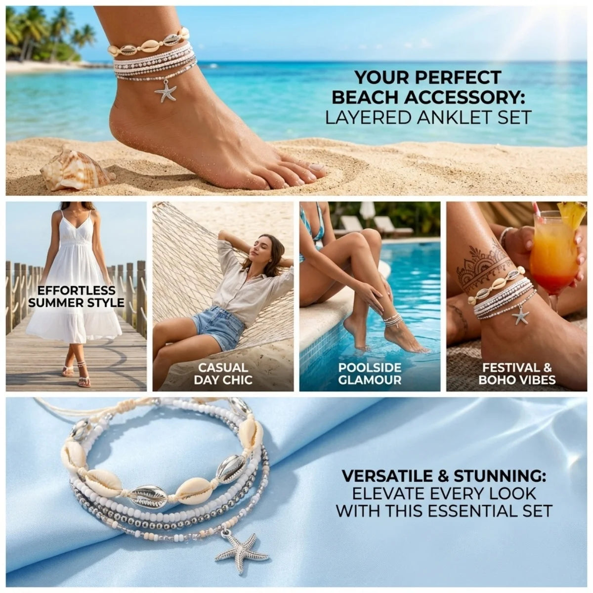 Multilayer Metal Starfish Tassel Shell Rice Beads Anklet Set For Women Men Boho Beach Vacation Foot Chain Ankle Bracelet Jewelry