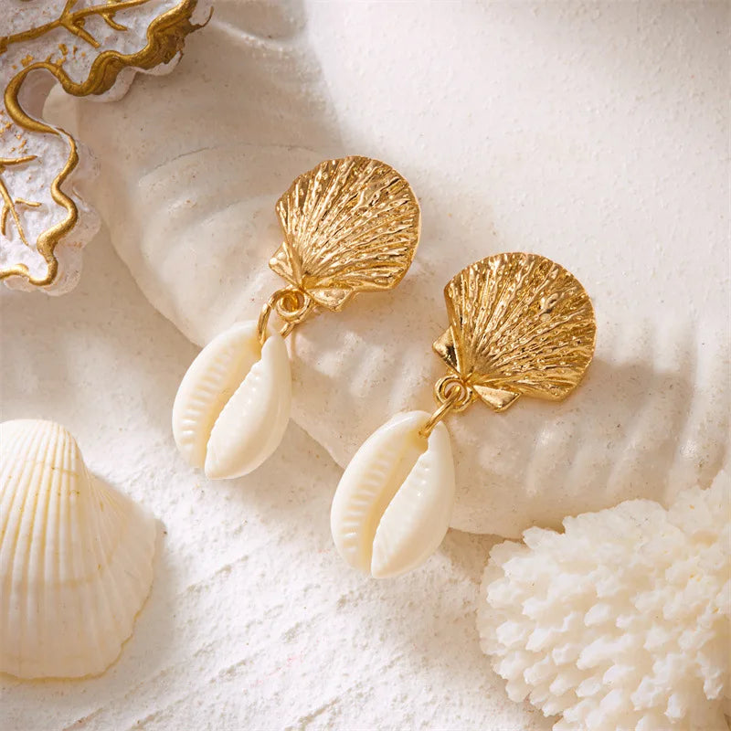Boho Ocean Style Starfish Shell Pendant Earrings for Women Summer Seaside Conch Scallop Pearl Earring Summer Beach Charm Jewelry