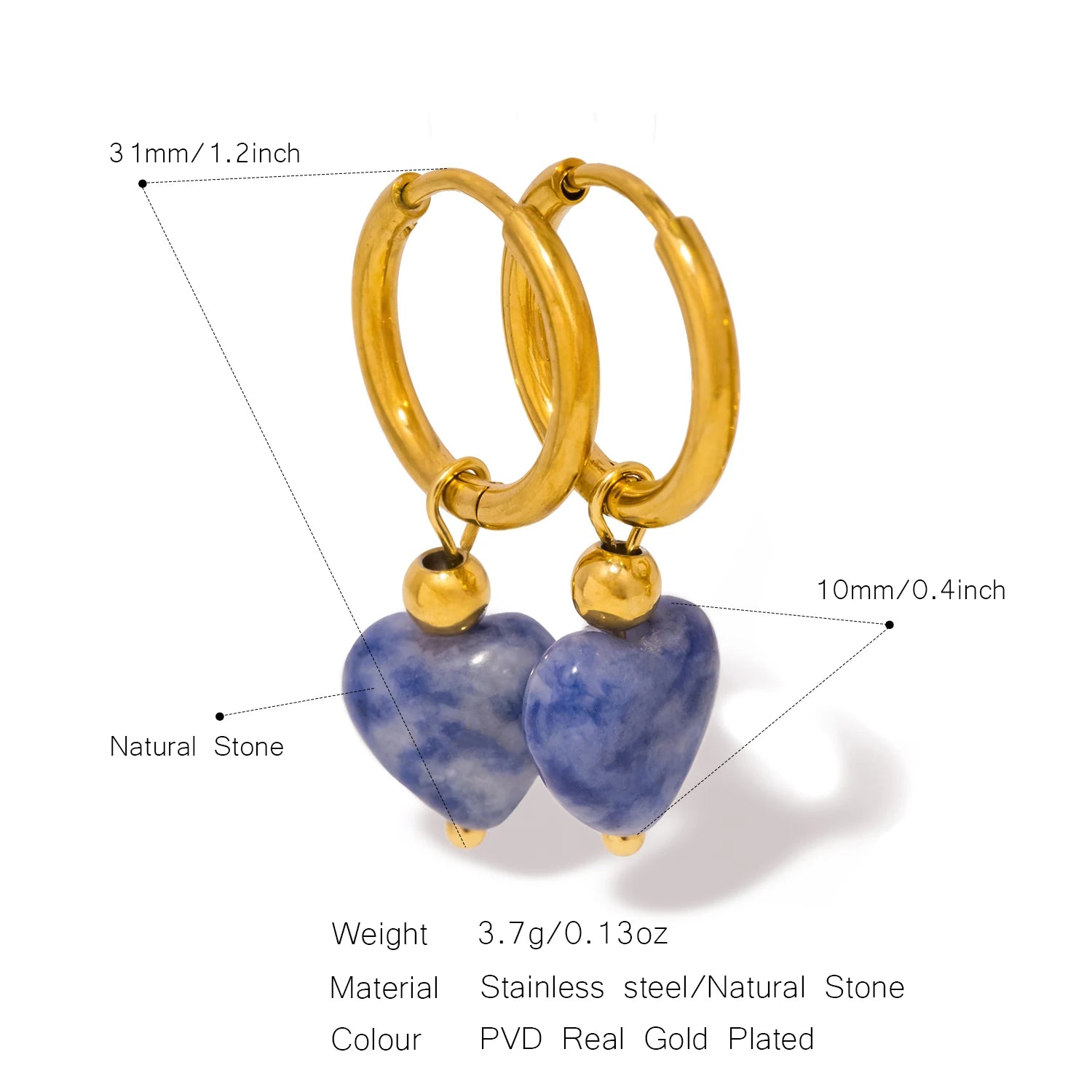 UHBINYCA Detachable Natural Stone Heart-shaped Pendant Earrings, Stainless Steel Hoop Earrings