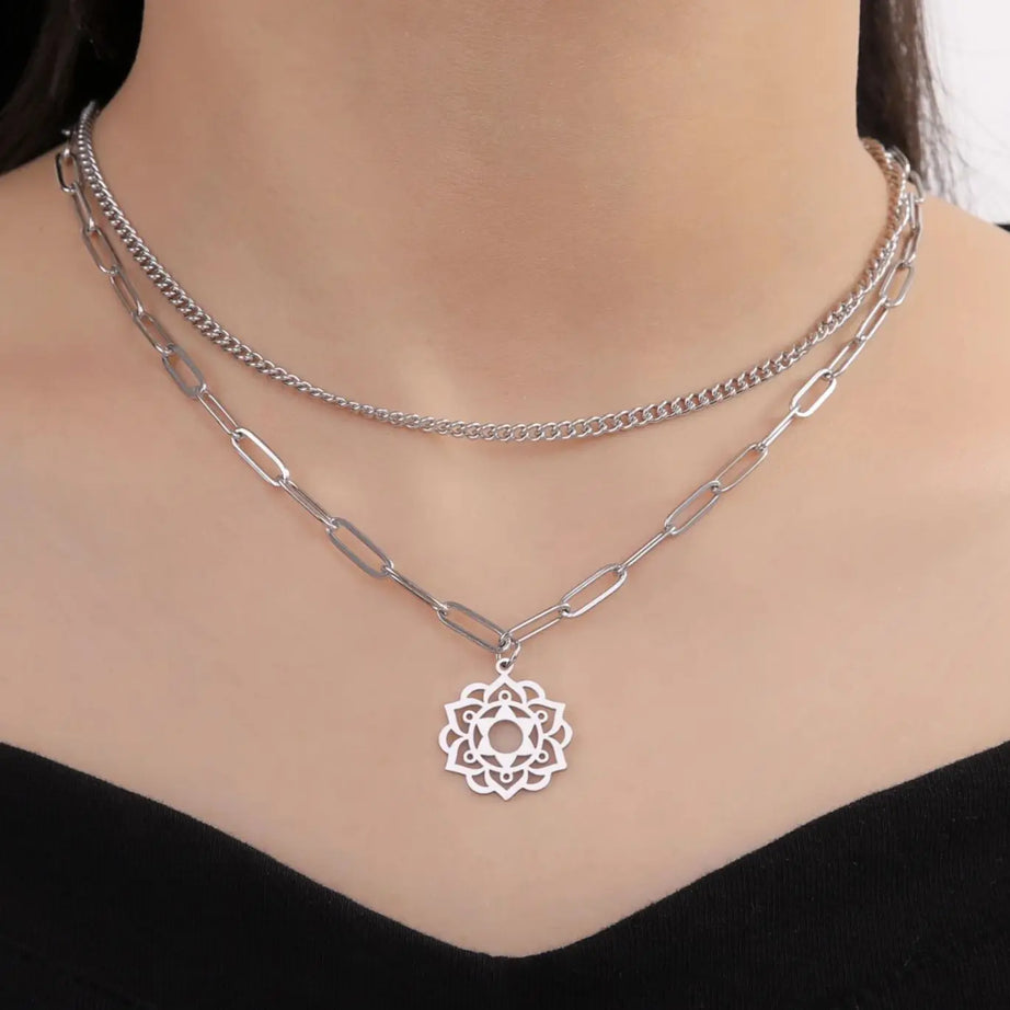 Yoga Lotus & Flower of Life Pendant Necklace, Stainless Steel Chakra Healing Amulet