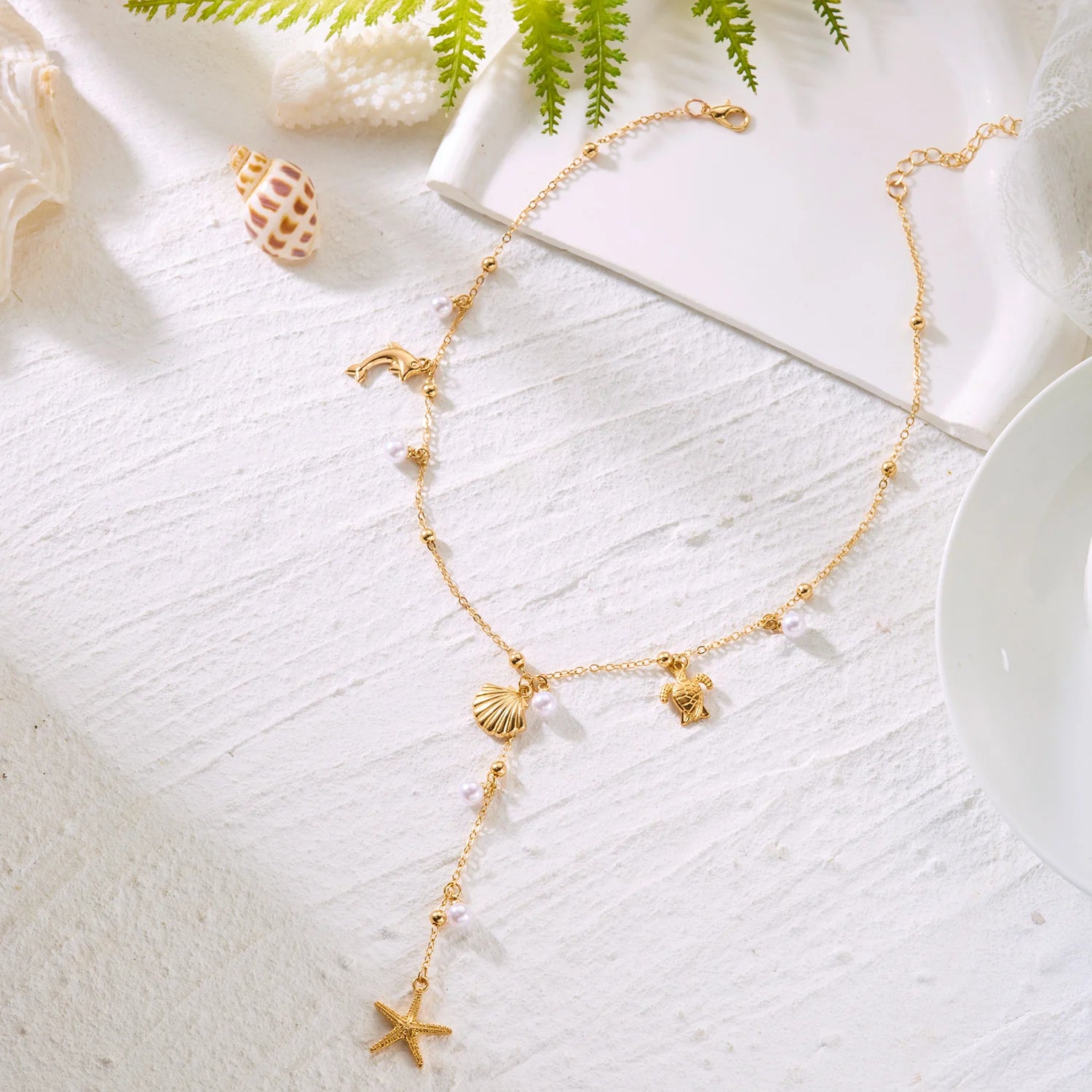Boho Beach Style Long Y Drop Chain Necklace For Women Cute Sea Turtle Dolphin Starfish Shell Pendant Choker Summer Party Jewelry