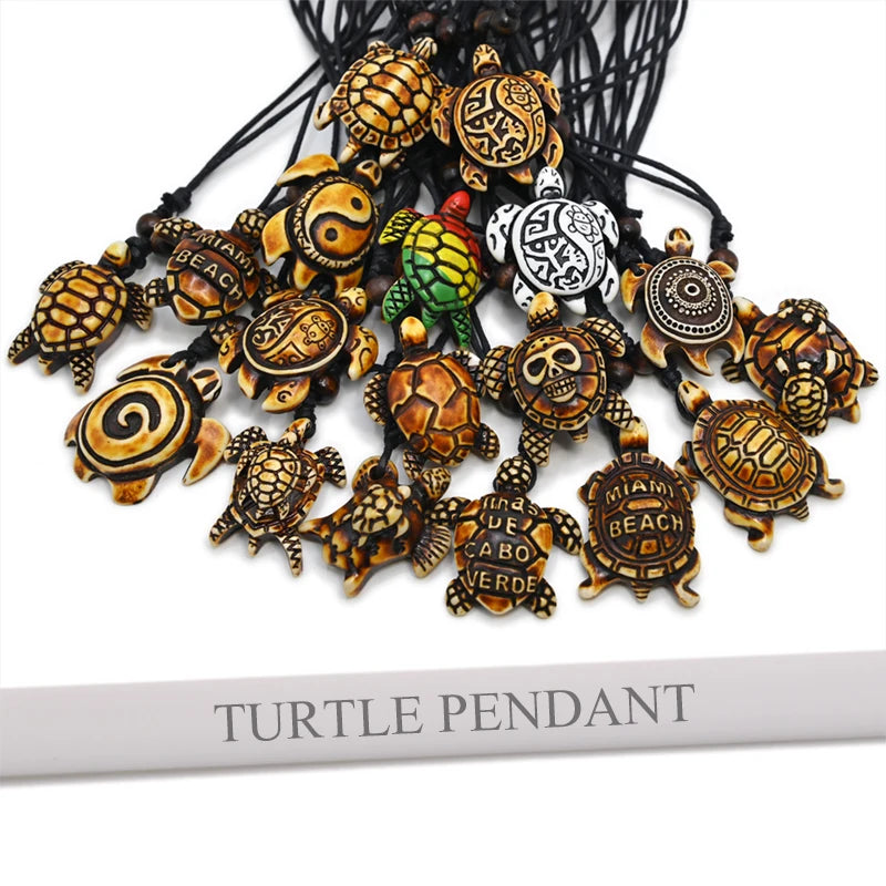 Sea Turtle Bone Pendant Wax Cord Necklace Jewelry