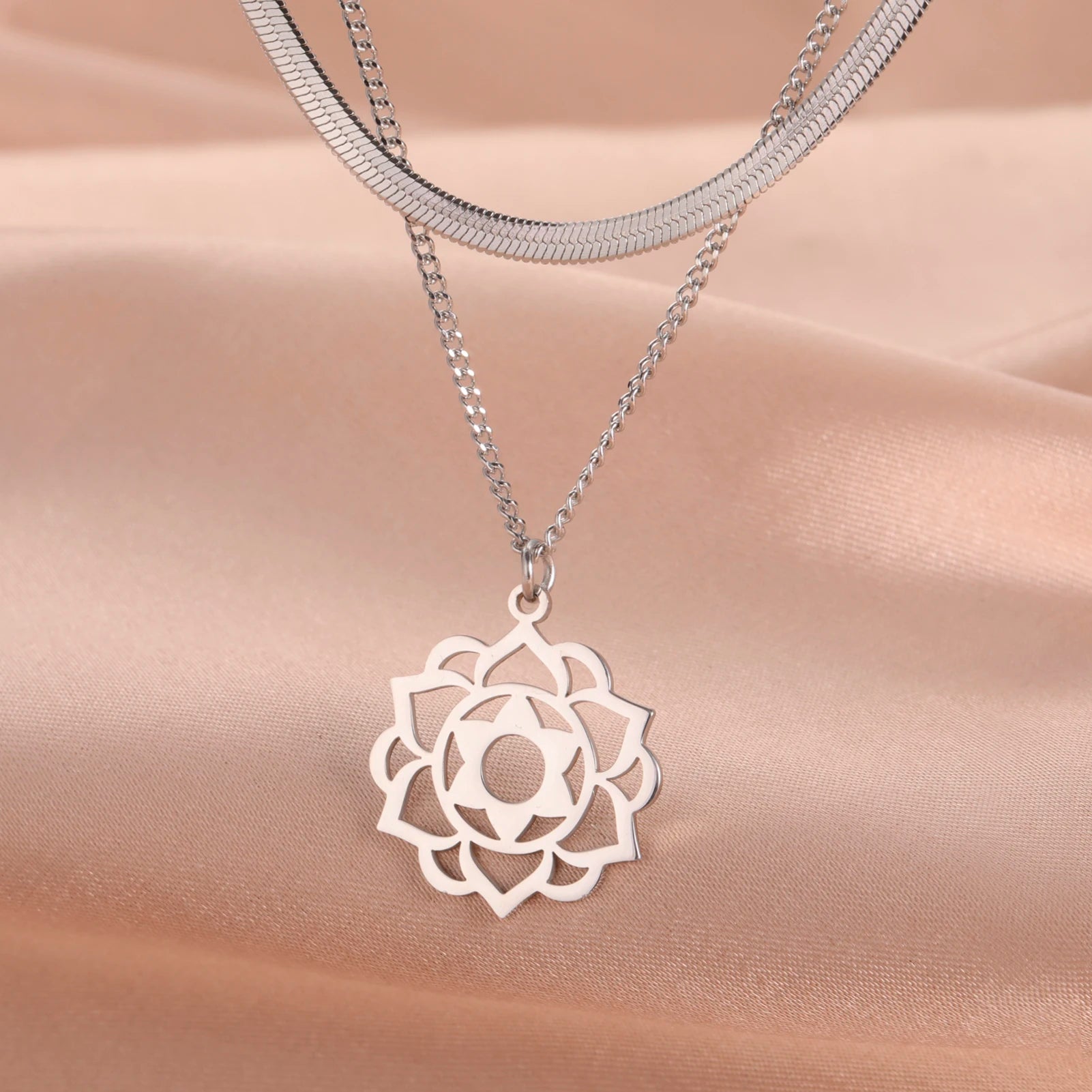 LIKGREAT Yoga Lotus Necklaces Stainless Steel Flower of Life Pendant Women Mandala Healing Buddha Spiritual Chakra Jewelry