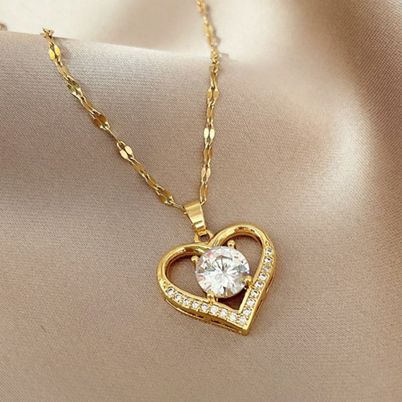 Artificial Gems Heart Pendant Necklace for women 2022 Golden Stainless Steel Lips Neck Chain Female Necklaces Jewelry for Girl - Charlie Dolly