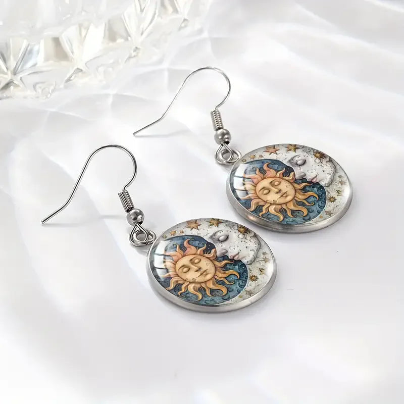 Boho Moon And Sun Earrings Stainless Steel Glass Celestial & Horoscope Dangle Earrings For Women