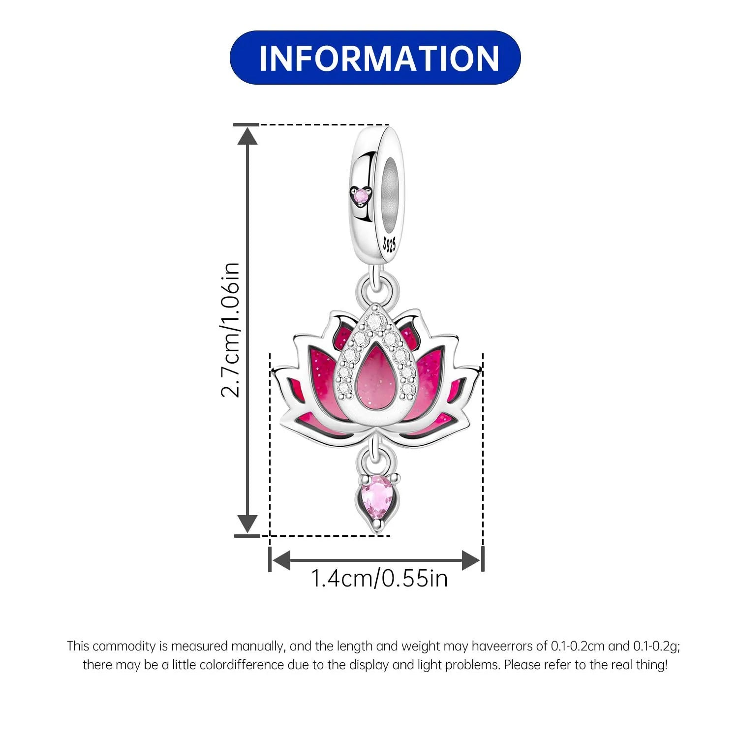 PANPOKI 925 Sterling Silver Pink Lotus Flower Charms Beads Pendant Fit DIY Bracelet Necklace Jewelry Souvenir Gifts