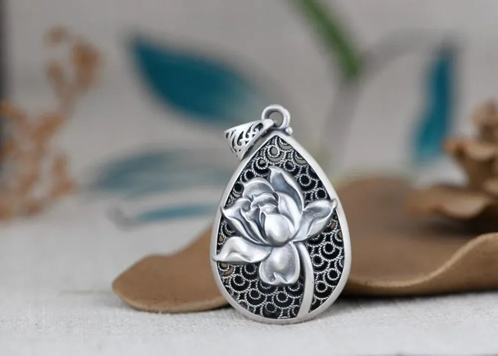 Classic New in Vintage 925 Silver National Style Engraved Lotus Flower Droplet Drop Pendant Necklace Keel Chain Charm Jewelry