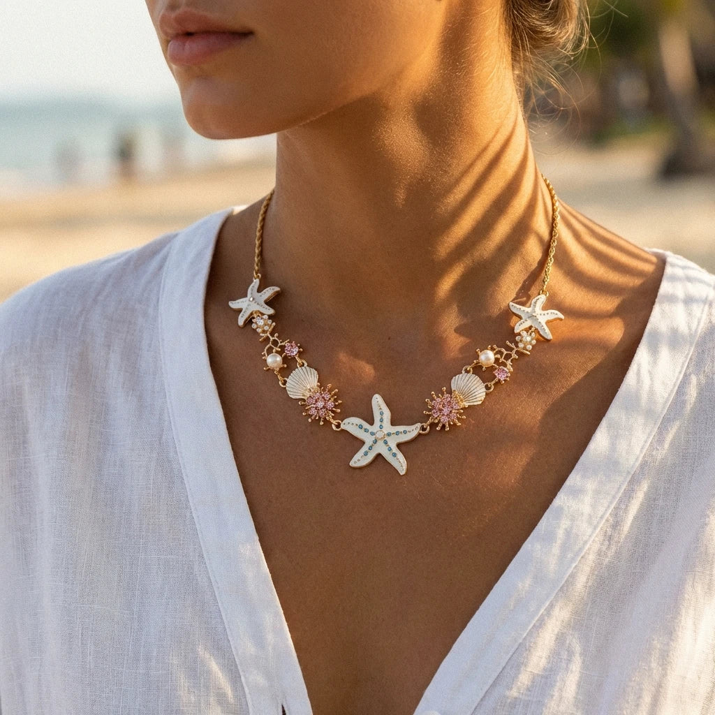 Boho Starfish Shell Pearl Metal Chain Necklace For Women Colorful Crystal Zircon Clavicle Choker Beach Party Vacation Jewelry
