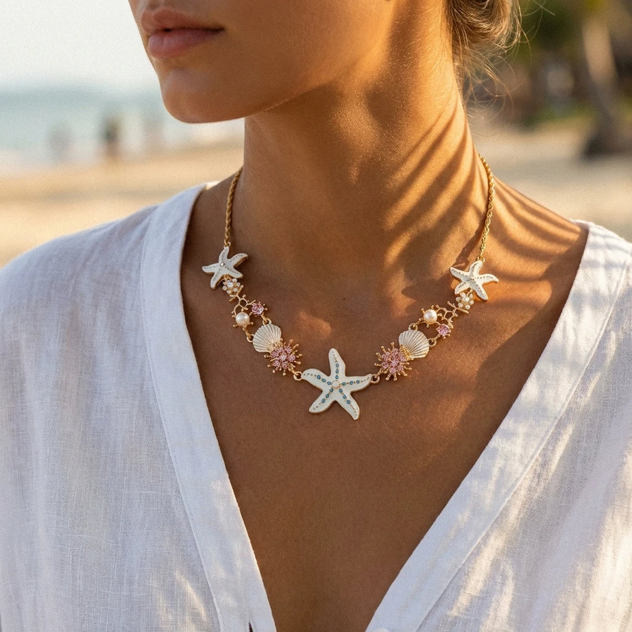 Starfish, Coral and Pearl Zircon Choker, Bracelet or Earring Set