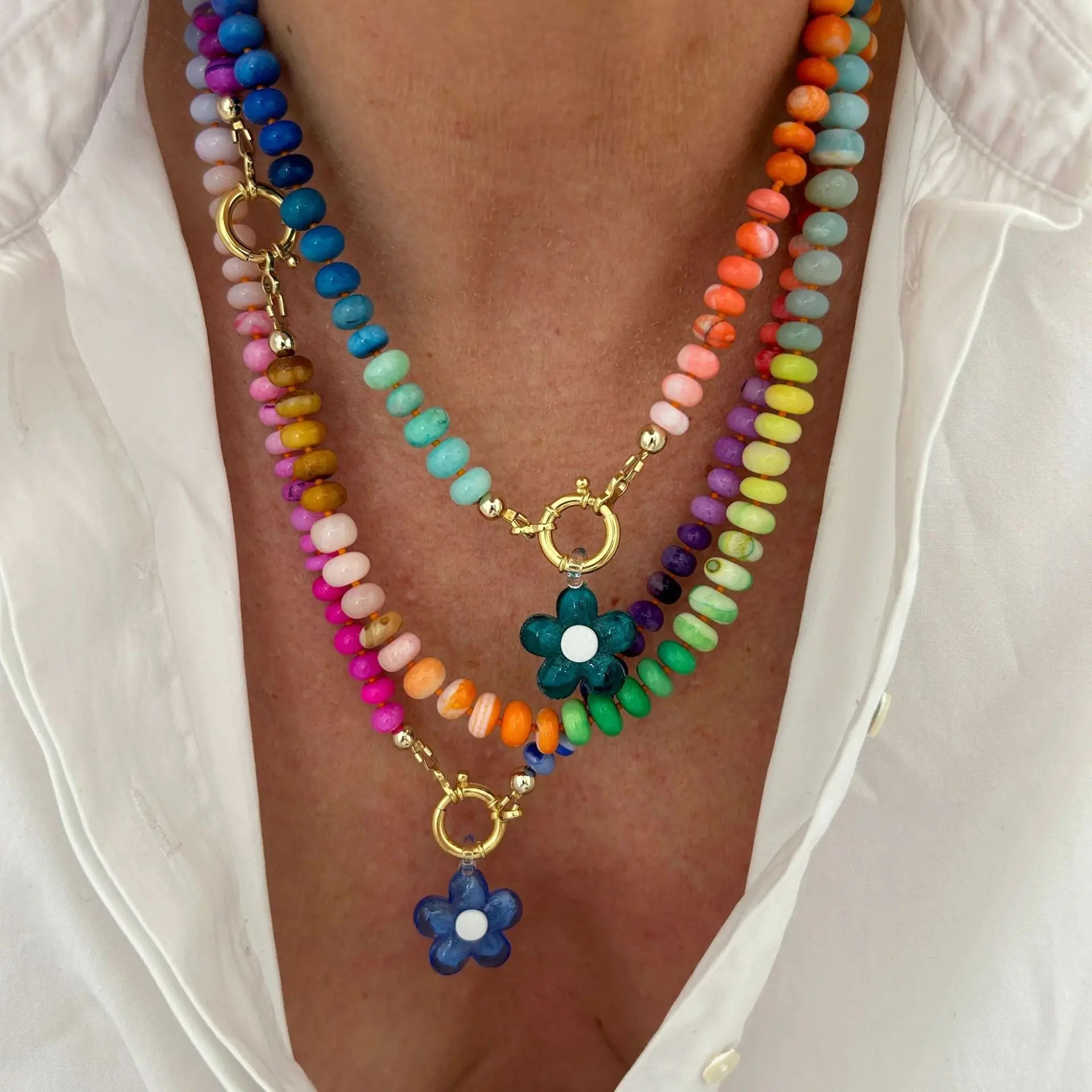 Women Chunky Gemstone Rainbow Boho Bead Choker Natural Stone Surfer Beach Necklaces 14K Gold Plated Summer Handmade Jewelry