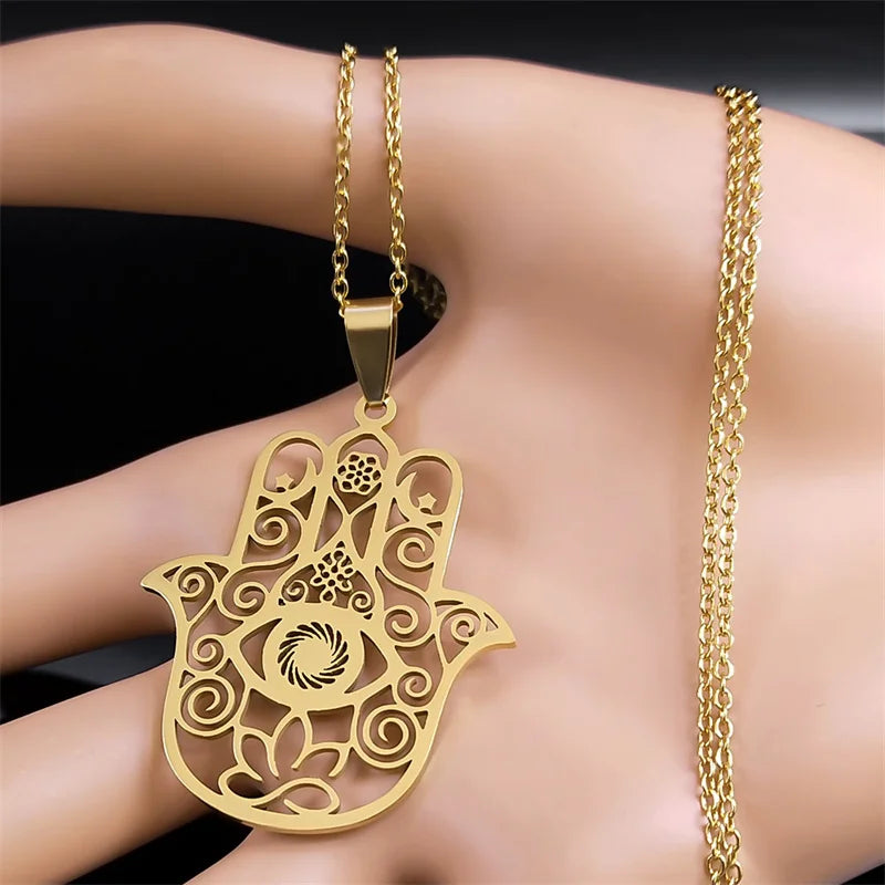 Hamsa Hand Muslims Judaism Hollow Necklace for Women Hand of Fatima Lotus Flower Stainless Steel Necklaces Jewelry Gift N8083S04