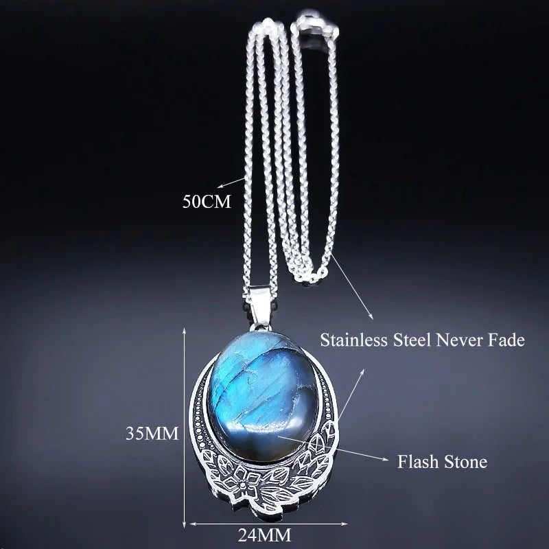 Boho Vintage Natural Labradorite Stone Necklace Women Stainless Steel Bohemia Necklaces Divination Spiritual Meditation Jewelry