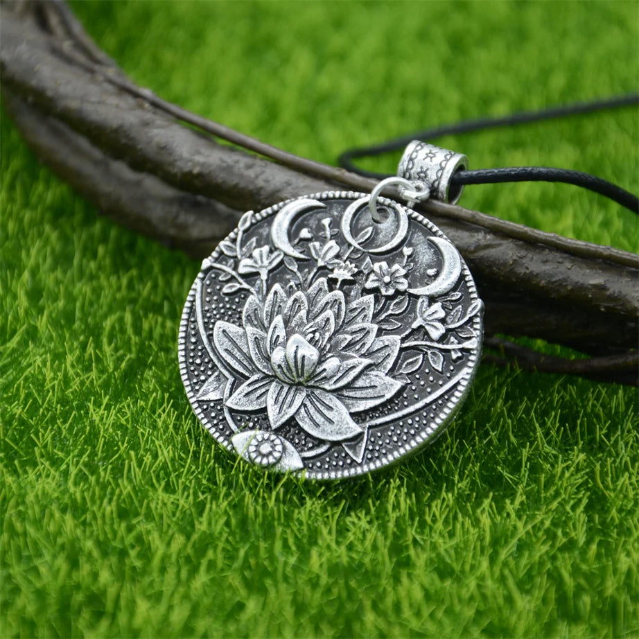 Wiccan Sun Moon Star Mandala Lotus Amulet Necklace, Sacred Witchy Talisman