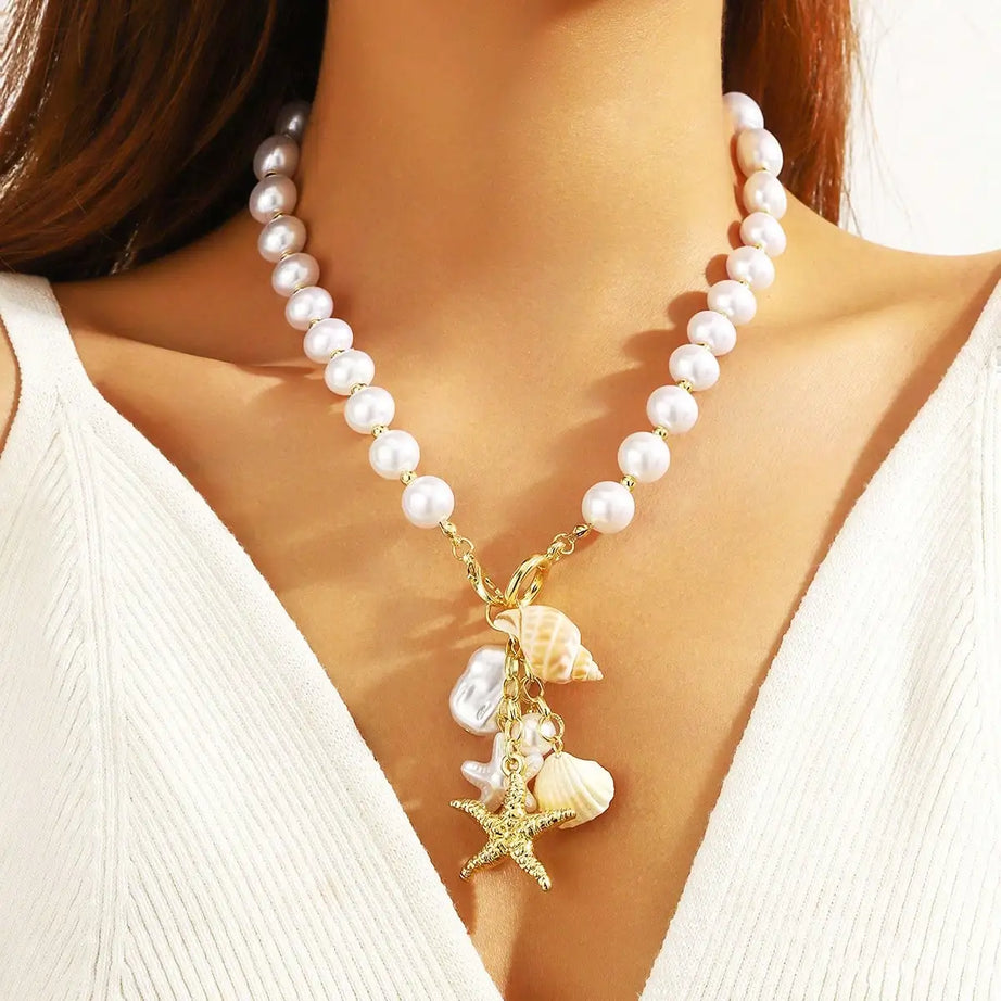Blue Seashell Irregular Pendant Boho Necklace