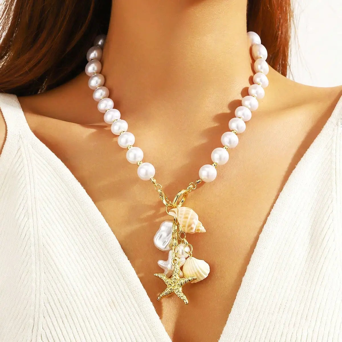 1 PCS  Blue Seashell Necklace – Irregular Ocean Pendant, Boho Beach Jewelry, Summer Vacation Layered Chain for Women