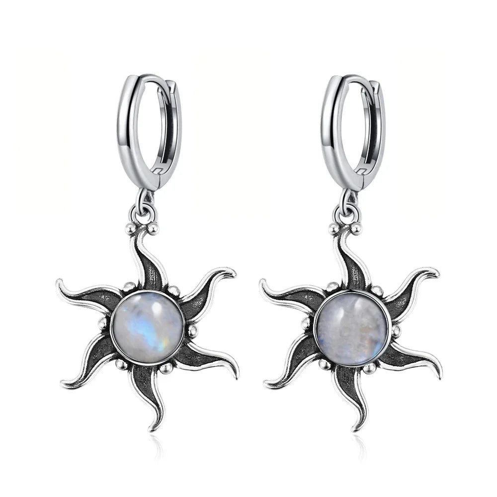 Natural Stone Sun Flower Hoop Earrings for Women, Vintage Antique Silver Turquoise Amethyst Labradorite Dangle Earring Wholesale
