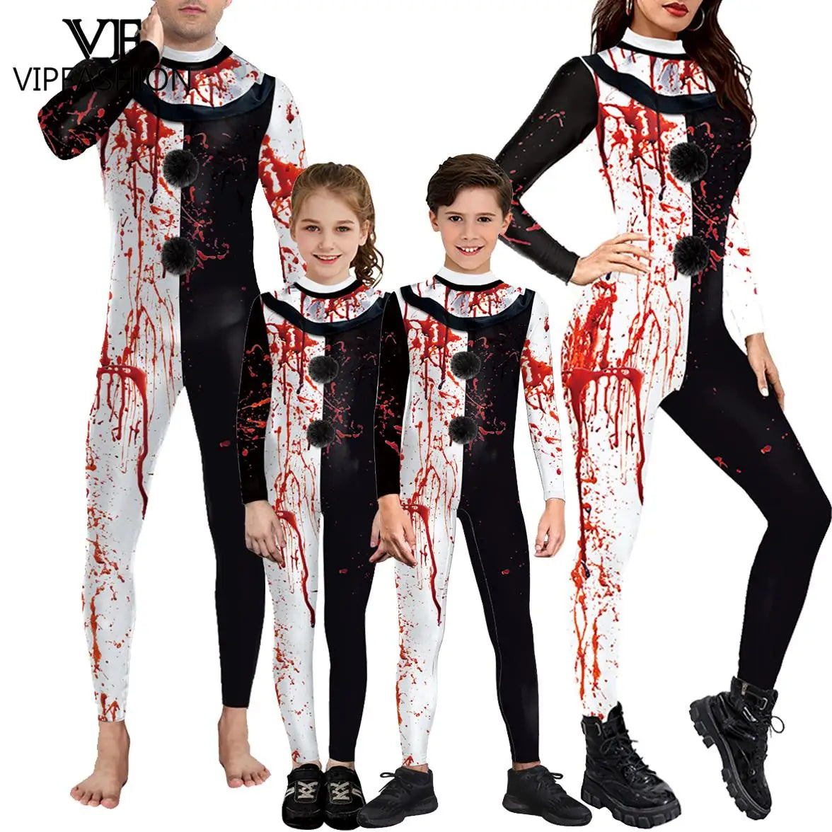 VIP FASHION Blood Clown Costume Adult Kid Halloween Suit Fancy Family Matching Suit Zentai Bodysuit Movie Scary Cosplay Jumpsuit