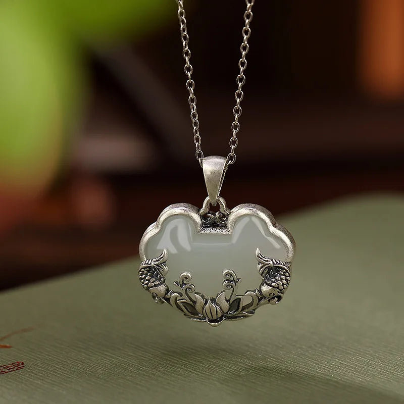 Retro 925 silver Natural Hotan Jade fish-shaped Lotus flower necklace Chinese style Ruyi Pendant clavicle chain jewelry