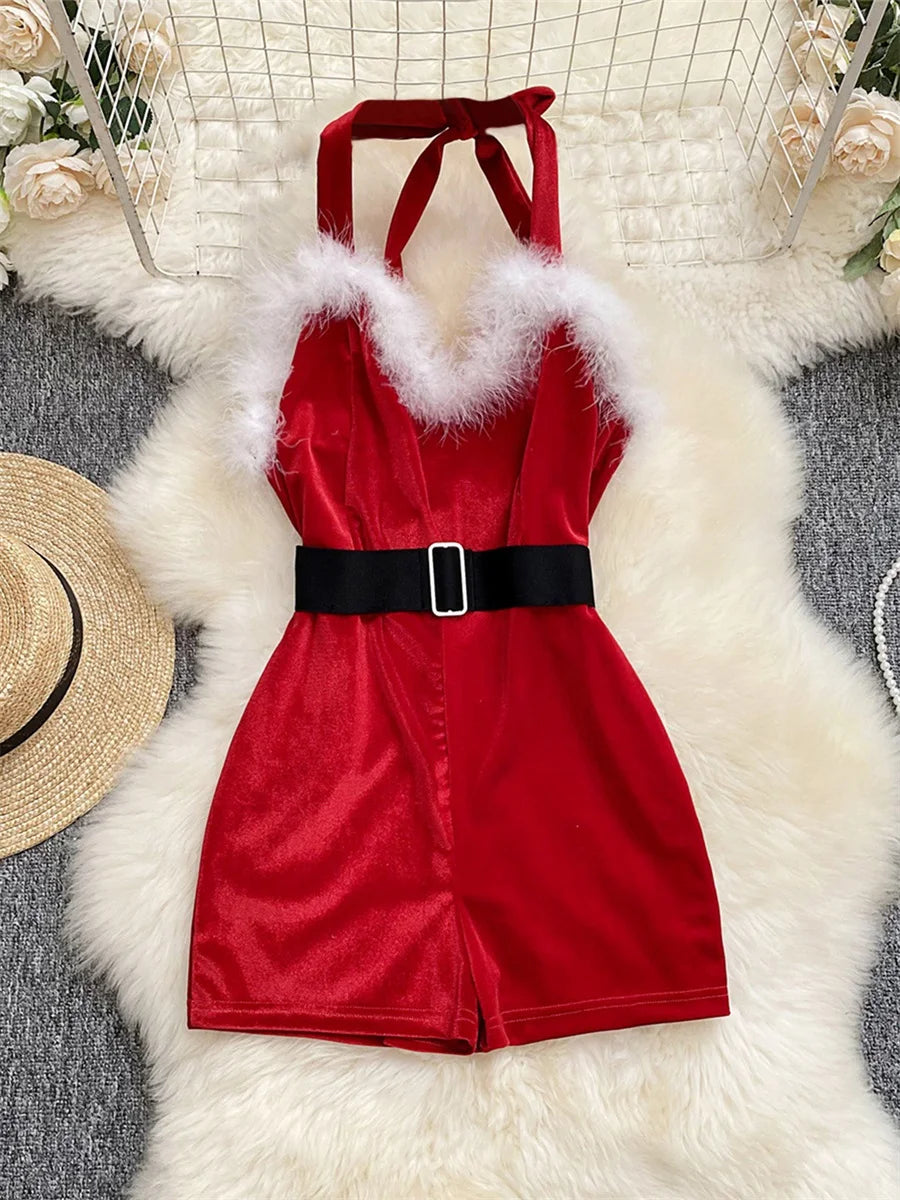 Women s Christmas Cosplay Costume Lingerie Rompers Plush Trim Christmas Party Cosplay Jumpsuits Playsuits