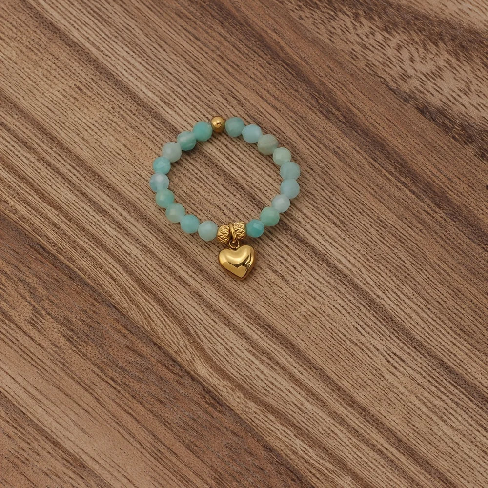 Boho Nature Crystal Beaded Ring Love Heart Amethyst Moonstone Turquoise Faceted Stone Stretchy Adjustable Women Jewelry Gift
