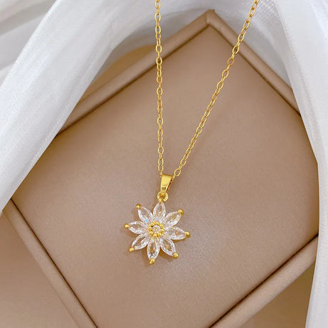 White Crystal Petal Lotus Flower Bud Pendant Necklace, Stainless Steel Waterproof Chain