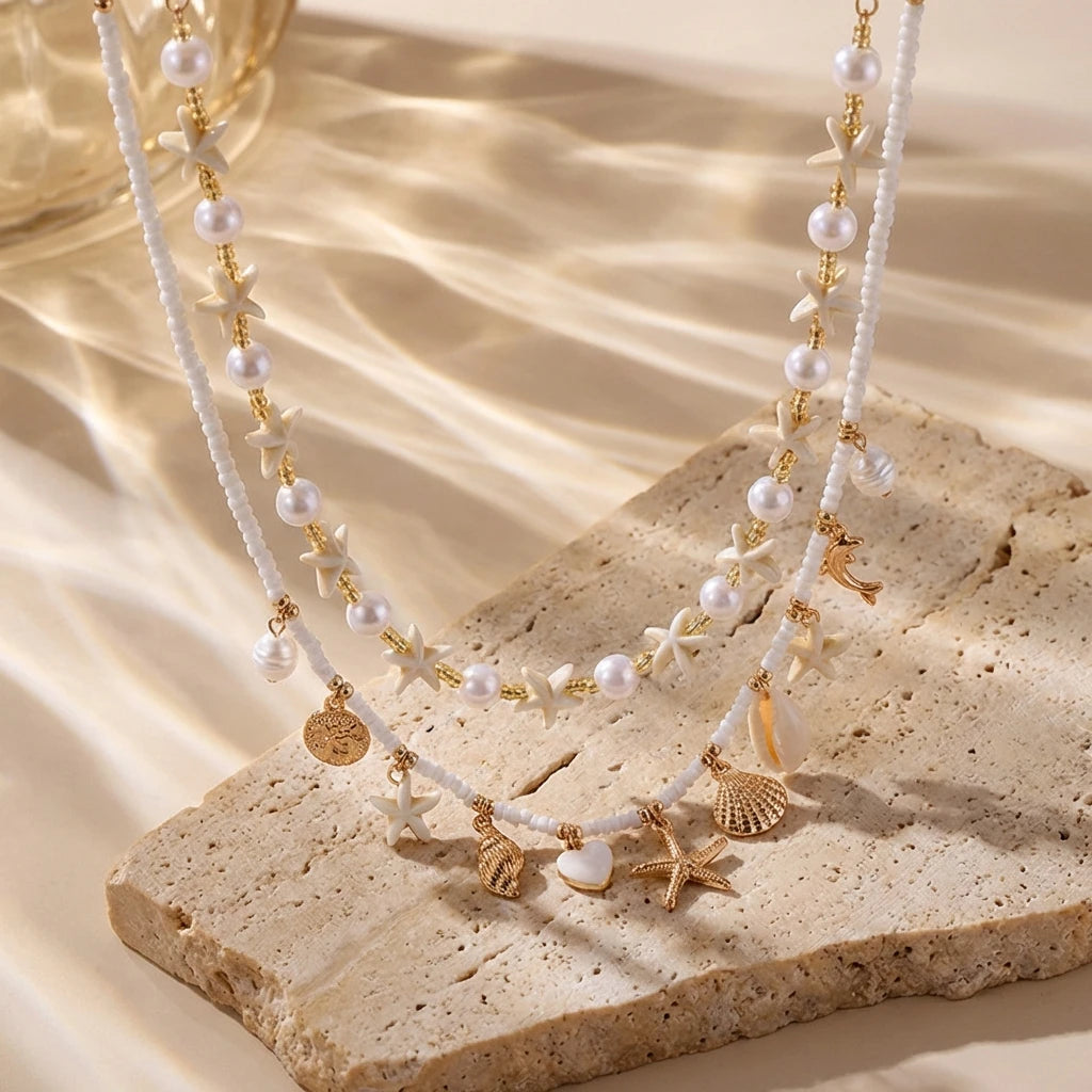 Boho Multilayer Shell Starfish Pendant Necklace for Women Handmade Beaded Imitation Pearl Choker Beach Party Jewelry Gift