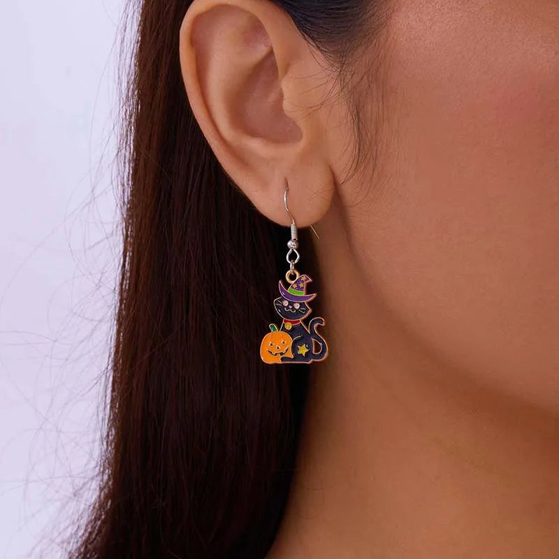 Fashion Halloween Black Cat Drop Earrings for Women Funny Laughing Pumpkin Spider Earring Girls Office Party Jewelry Accessories - Charlie Dolly