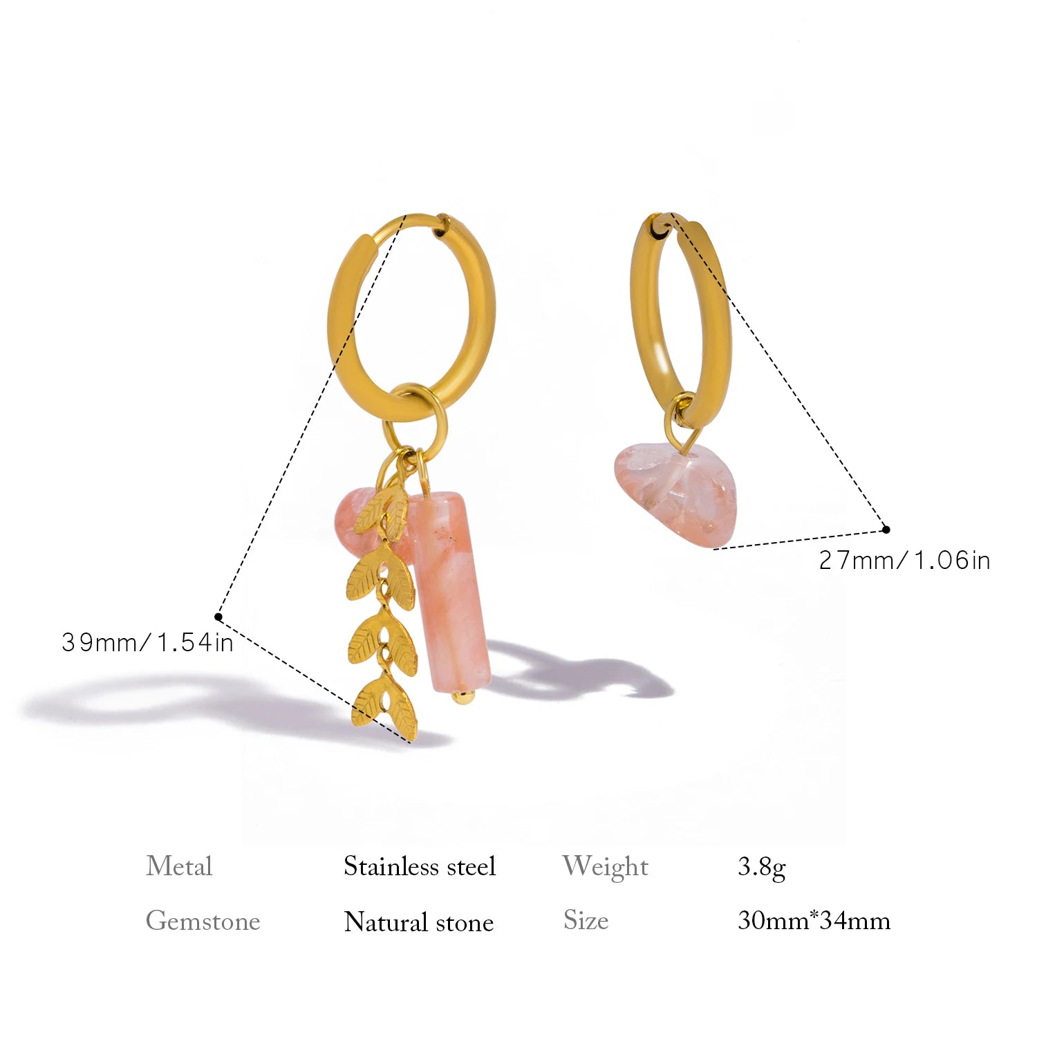 UHBINYCA Stainless Steel 18K Gold PVD Plated Hoop Earrings for Women Trendy Pink Natural Stone Charms Drop Earring Jewelry Gift