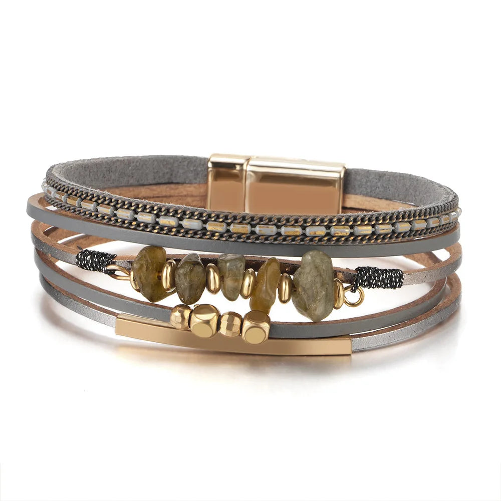 Boho Ethnic Leather Bracelet Irregular Natural Stone Beaded Cuff Bangle for Women Retro Layered Wristwear Hand Jewelry Accessory