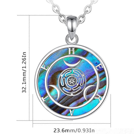 S925 Sterling Silver Hecate Wheel Pendant Necklace, Abalone Triple Moon Goddess Wiccan Amulet