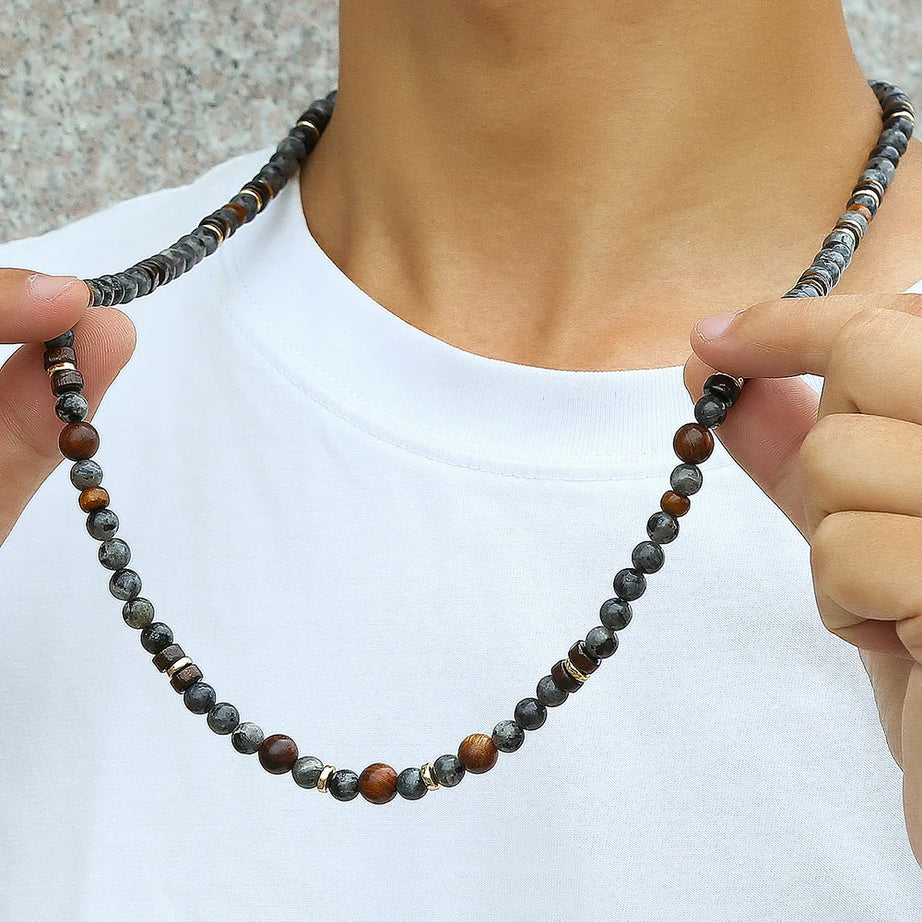 1PC INGX Man's Bohemia Natural Flash Stone Long Beaded Necklace for Men Tribal Boho Long Wooden Beads Necklace Men Jewelry - Charlie Dolly