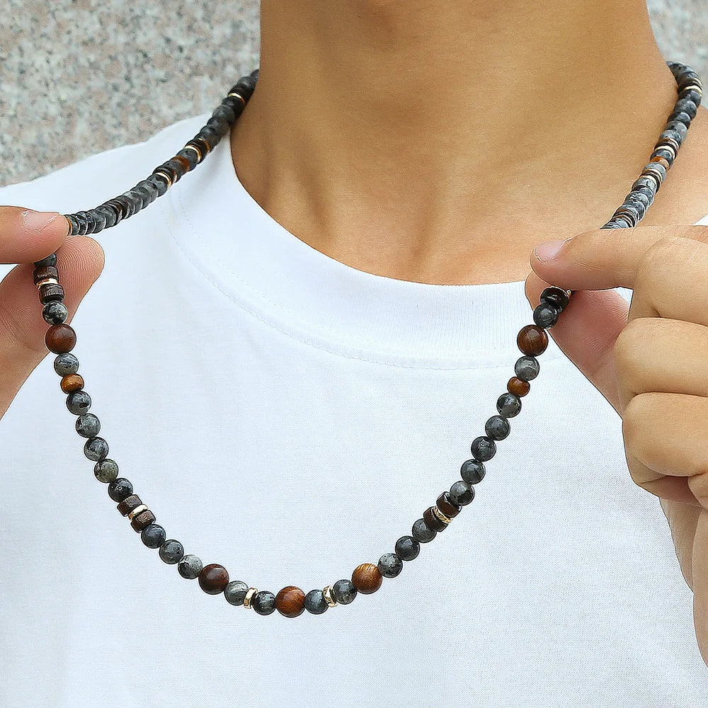 1PC INGX Man's Bohemia Natural Flash Stone Long Beaded Necklace for Men Tribal Boho Long Wooden Beads Necklace Men Jewelry - Charlie Dolly