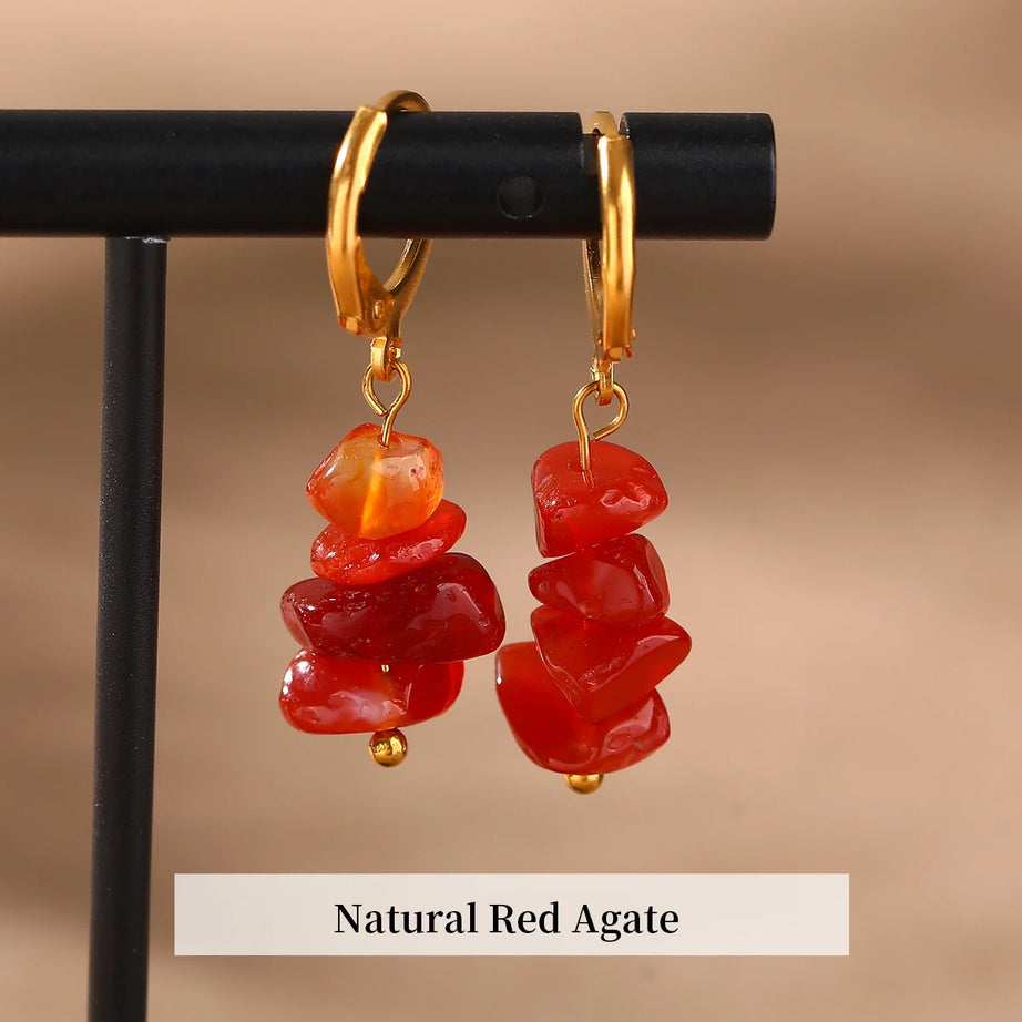 Raw Crystal Chip Dangle Hoop Earrings, Natural Gemstone Reiki Healing Boho Jewelry