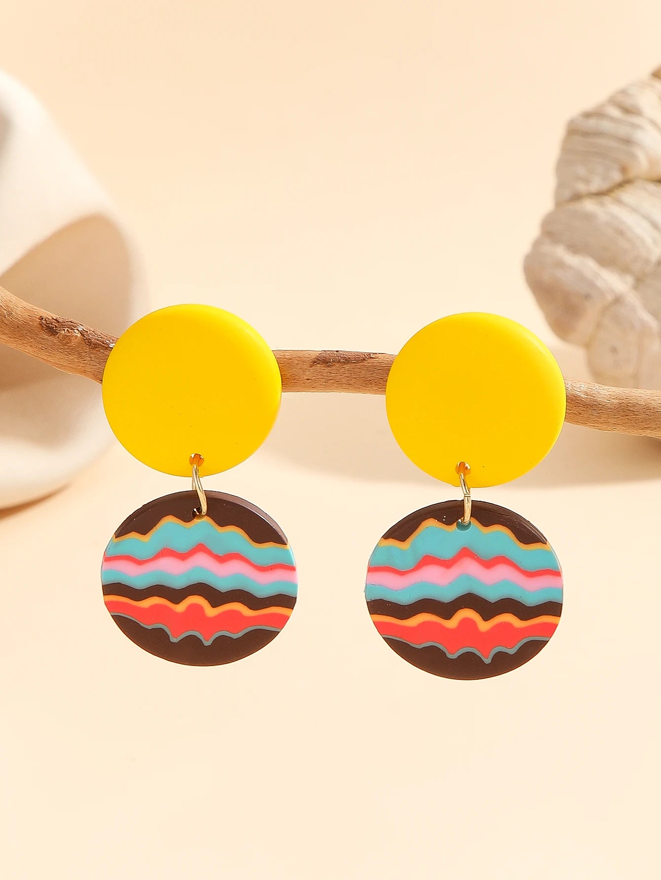 Boho Dangle Earrings Lightweight Polymer Clay Women's Black White Stripe round Confetti Donut Square Rainbow Wave Yellow