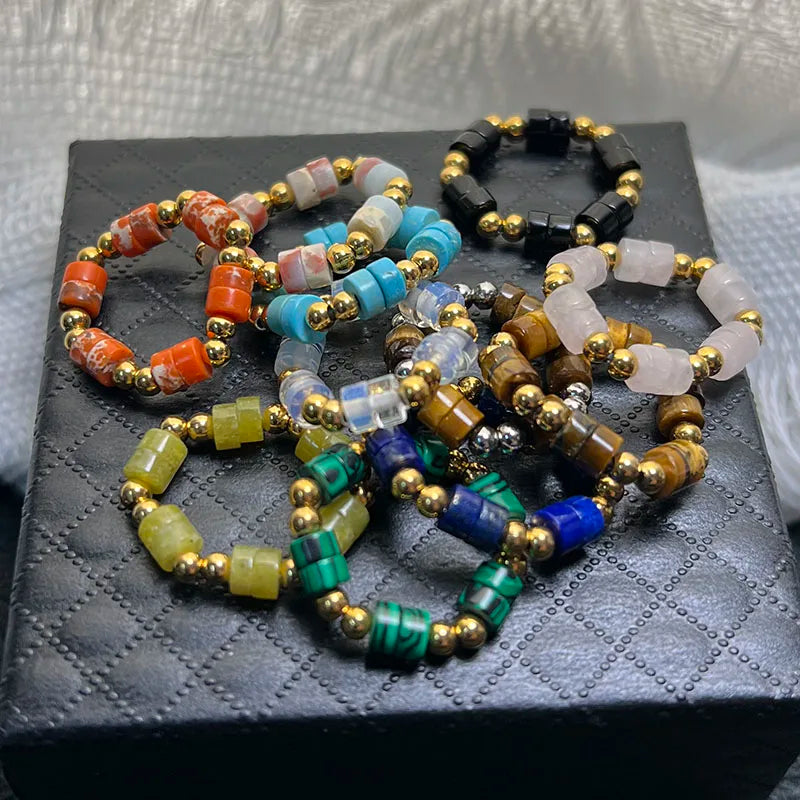 Boho 2*4mm Natural Stone Rings Women Handmade Jewelry Friendship Gifts Agate Tigereye Opal Statement Ring Stainless Steel Beads