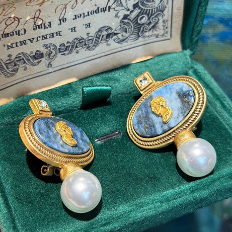 Vintage Cameo Jewelry Set Woman Avatar Pendent Pearl Necklace Lapis Lazuli Stud Earrings Blue Natural Stone Wedding Party 2026 - Charlie Dolly
