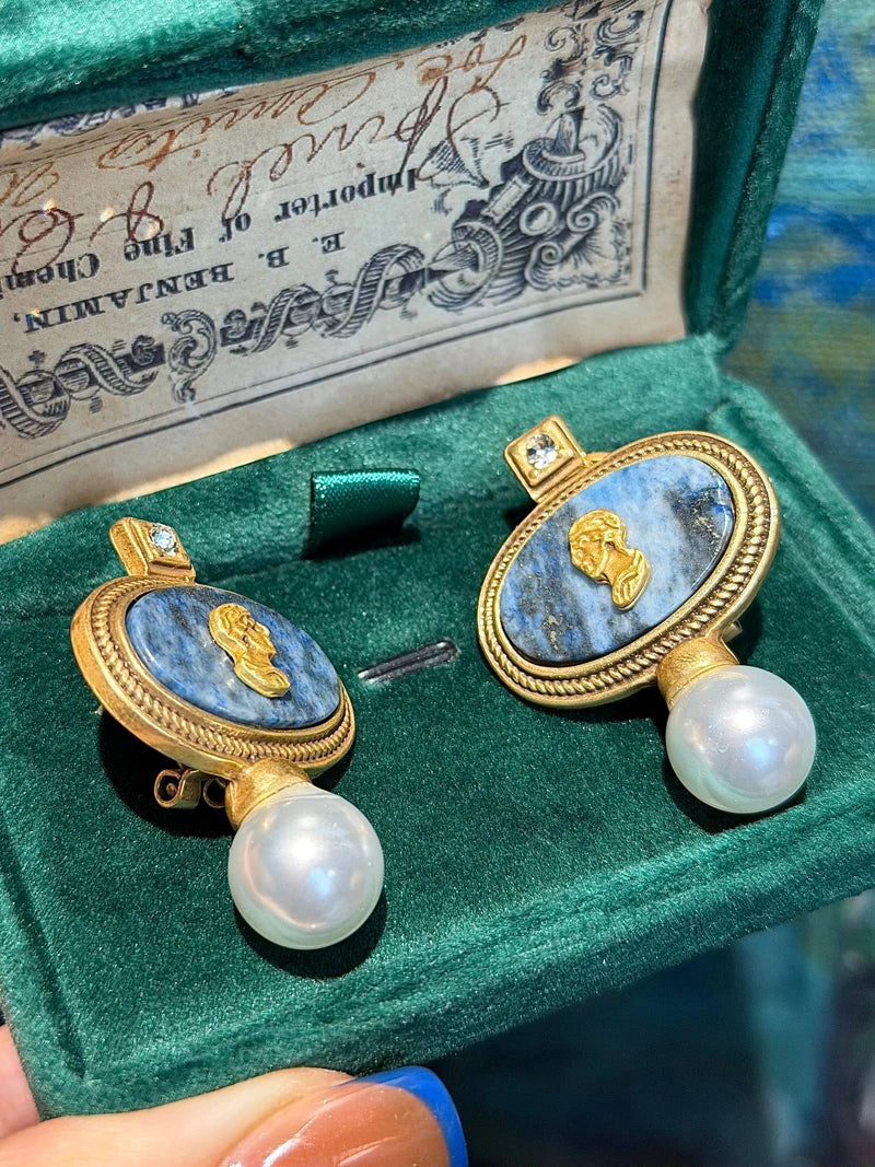Vintage Cameo Jewelry Set Woman Avatar Pendent Pearl Necklace Lapis Lazuli Stud Earrings Blue Natural Stone Wedding Party 2026