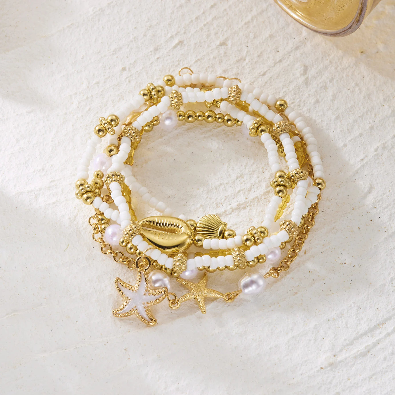 Shell and Starfish Pearl Beaded Stackable Bracelet Set (6 Pieces)