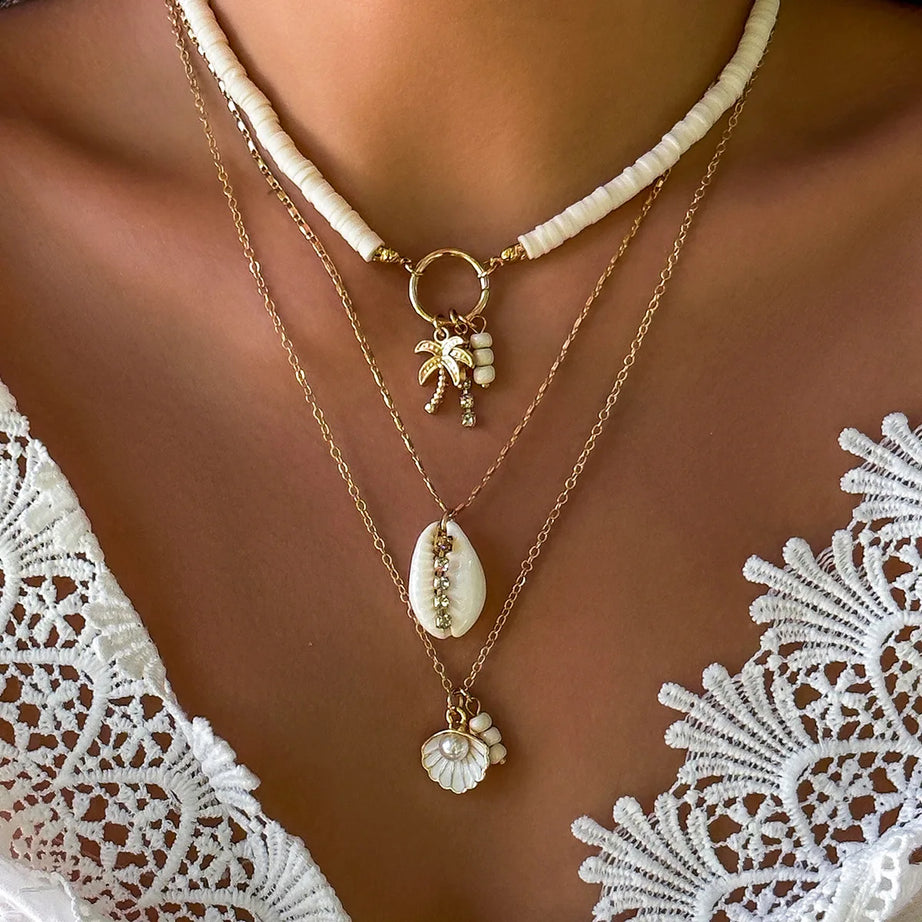 Shell Starfish and Pearl Layered Chain Boho Necklace