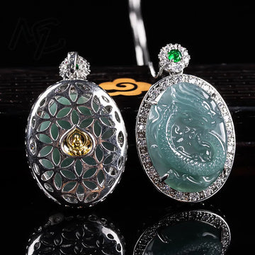925 silver Burmese Emerald Jade Blue Water Ice Seed Dragon Pendant Jadeite Amulets Fashion Natural Jewelry Gifts for Men Women