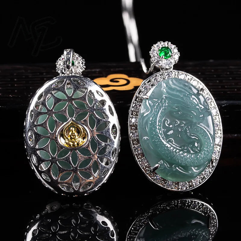 925 silver Burmese Emerald Jade Blue Water Ice Seed Dragon Pendant Jadeite Amulets Fashion Natural Jewelry Gifts for Men Women