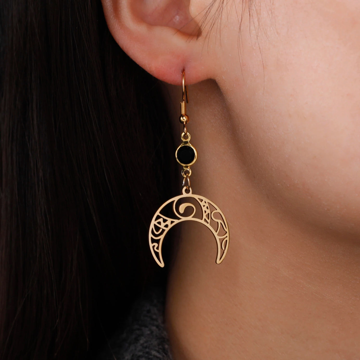 Triple Moon, Rune & Pentagram Hoop Earrings, Stainless Steel Witchy Amulet