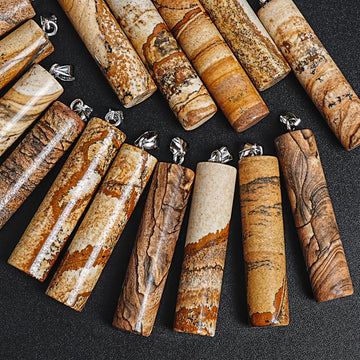 NATURAL PICTURE JASPER CYLINDRICAL PENDANT BROWN STONE 50X12MM FOR BOHO JEWELRY MAKING DIY NECKLACE BRACELET CHARM GIFT FOR HER