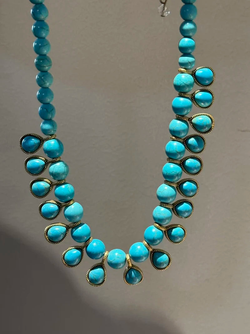 Bohemia Blue Natural Stone Water Drop Beads Chain Choker Necklace Vintage Jewelry for Woman Retro New in Boho Luxury Accessories