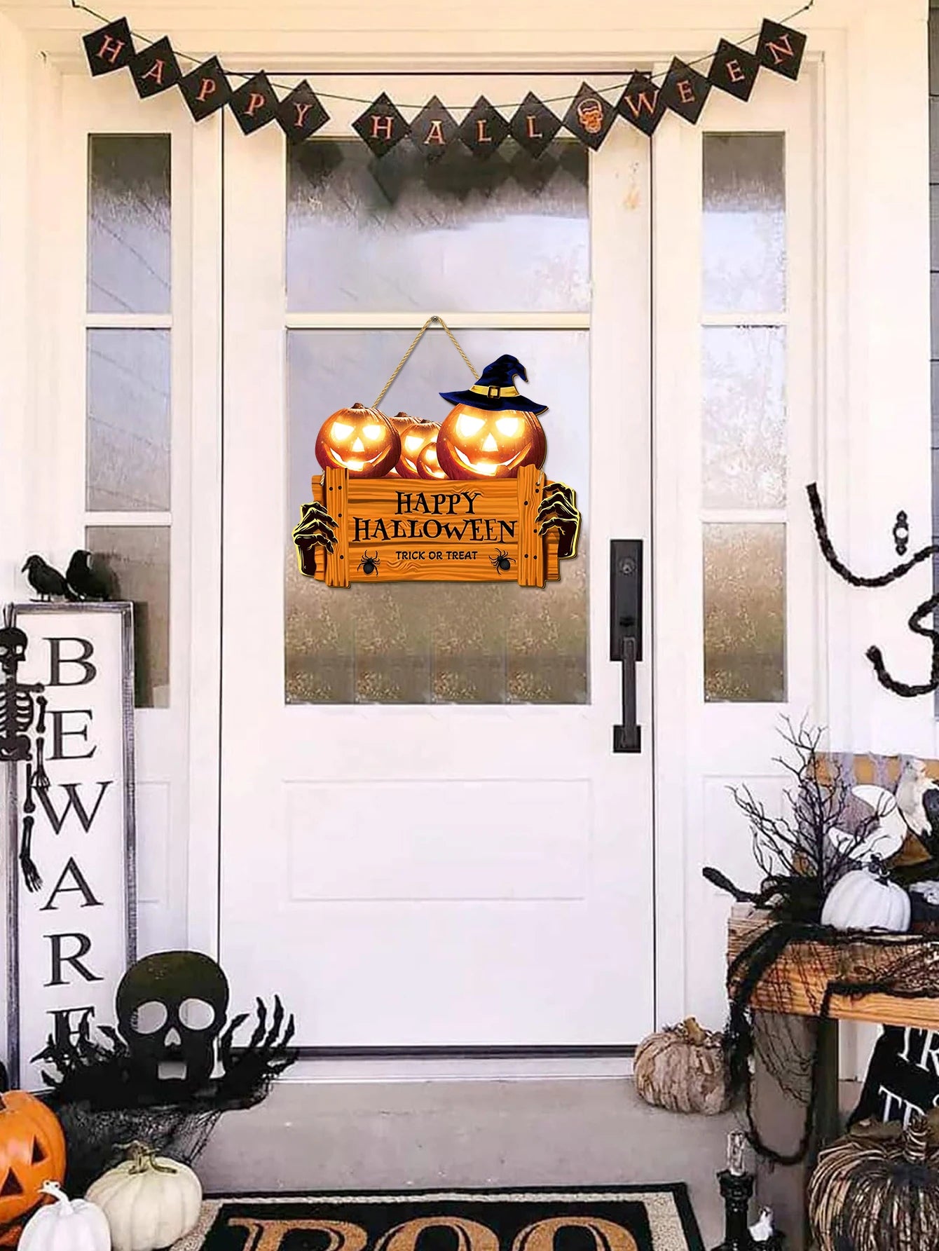 Happy Halloween Wooden Sign, Pumpkin With Hat Wooden Sign, Suitable For Home, Wall, Room,Cafe, Shop, Party, Holiday Decoration - Charlie Dolly