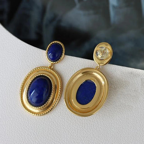 New design inlaid lapis lazuli oval hollow earrings exaggerated punk style retro ancient gold craftsmanship women's jewelry - Charlie Dolly