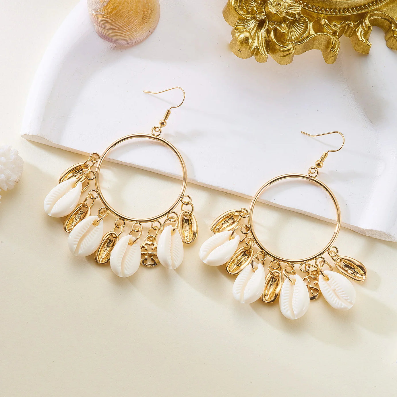 Gold Shell Chandelier Tassel Statement Earrings Jewelry