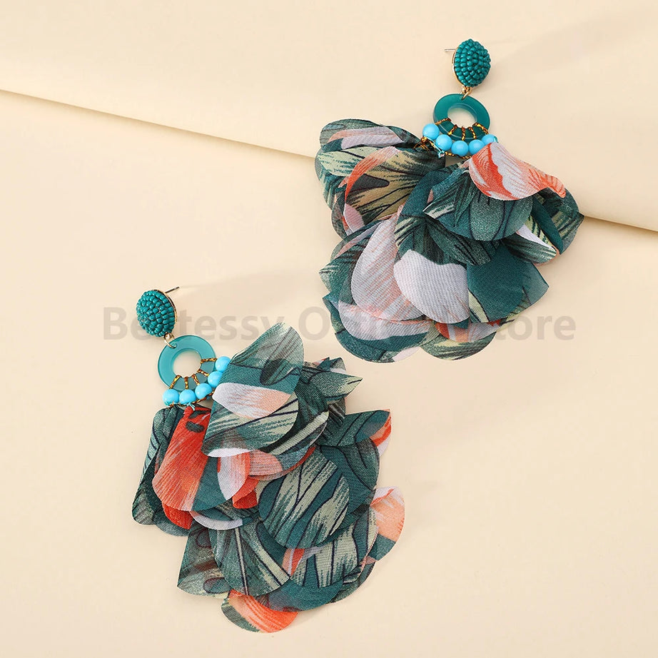 Cotton Flower Petal Beaded Tassel Earrings Jewelry